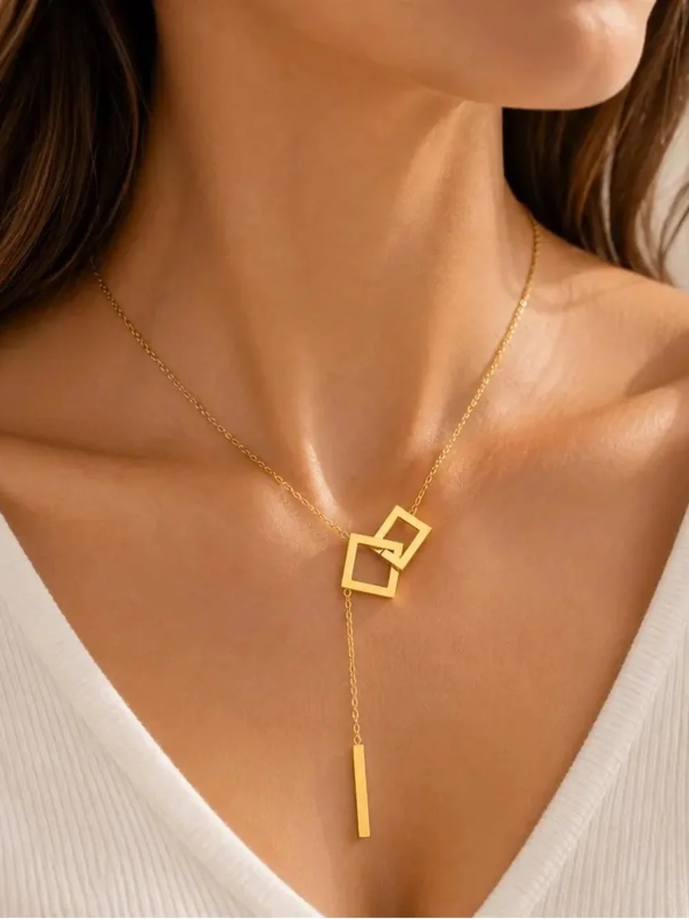 18K Gold Plated Y Necklace, Geometric Lariat Necklace, Stainless Steel Necklece